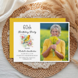 ヴィンテージ 鳥 カナリア 花 60歳の誕生日フォト 招待状