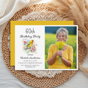 ヴィンテージ 鳥 カナリア 花 60歳の誕生日フォト 招待状
