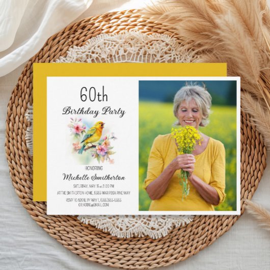 ヴィンテージ 鳥 カナリア 花 60歳の誕生日フォト 招待状