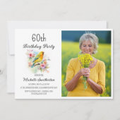 ヴィンテージ 鳥 カナリア 花 60歳の誕生日フォト 招待状 (正面)