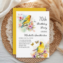 ヴィンテージ 鳥 カナリア 花 70歳の誕生日 招待状