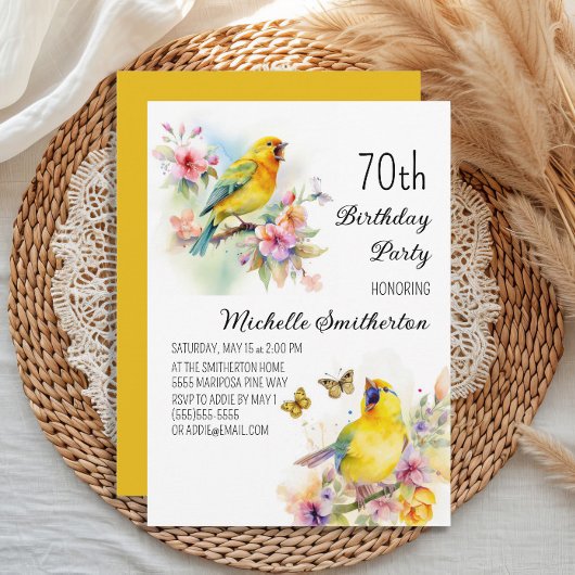 ヴィンテージ 鳥 カナリア 花 70歳の誕生日 招待状