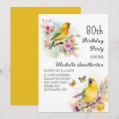 ヴィンテージ 鳥 カナリア 花 80歳の誕生日 招待状 (正面/裏面)