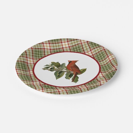 ヴィンテージ（鳥）ショウジョウコウカンチョウとウッドランドクリスマスプレイド ペーパープレート (アングル)