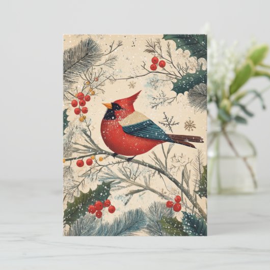 ヴィンテージ(鳥)ショウジョウコウカンチョウバードベリークリスマス シーズンカード (スタンド正面)
