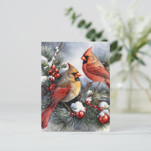 ヴィンテージ（鳥）ショウジョウコウカンチョウ鳥クリスマスファミリー写真 ポストカード (スタンド正面)