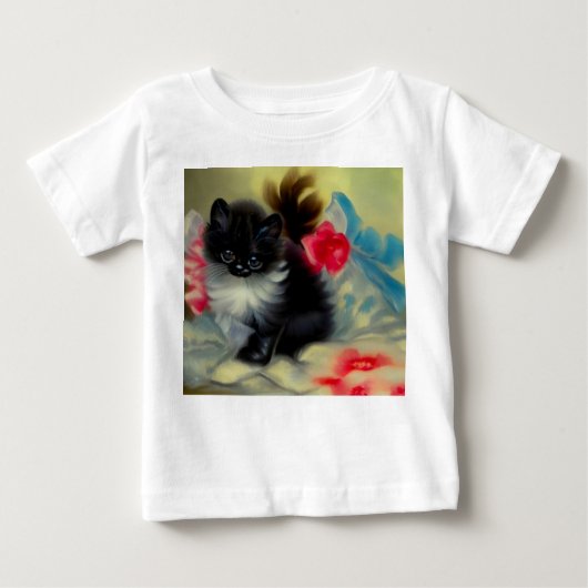 ヴィンテージ 黒と白の子猫の絵 ベビーTシャツ (正面)