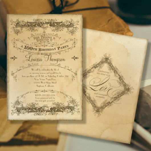 ヴィンテージ 100歳の誕生日お祝い 紅茶にじみ 招待状