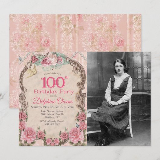 ヴィンテージ 100歳の誕生日 招待状 (正面/裏面)