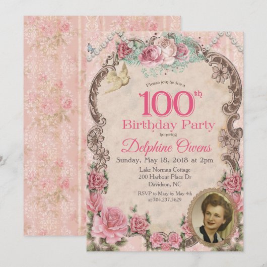 ヴィンテージ 100歳の誕生日 招待状 (正面/裏面)
