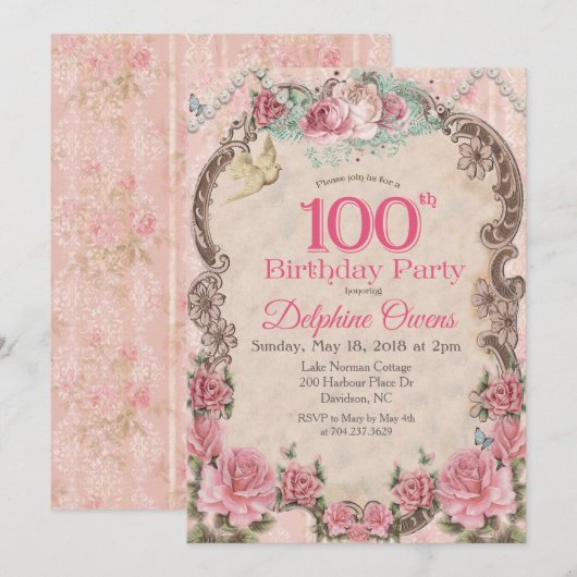 ヴィンテージ 100歳の誕生日 招待状 (正面/裏面)