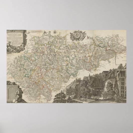 ヴィンテージ 1757年 ドイツ地図、歴史的なドイツ ポスター (正面)