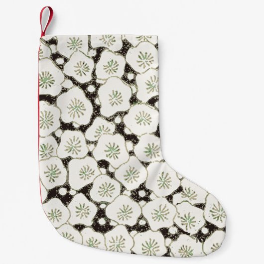 ヴィンテージ 1902年 日本の花柄: 黒 白い花 スモールクリスマスストッキング (正面)