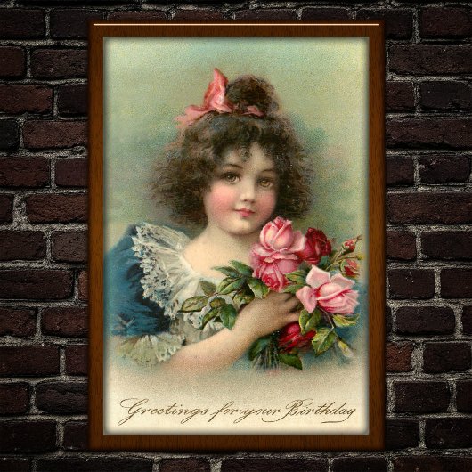 ヴィンテージ 1904 女の子 ピンクのバラ 誕生日ポスター ポスター