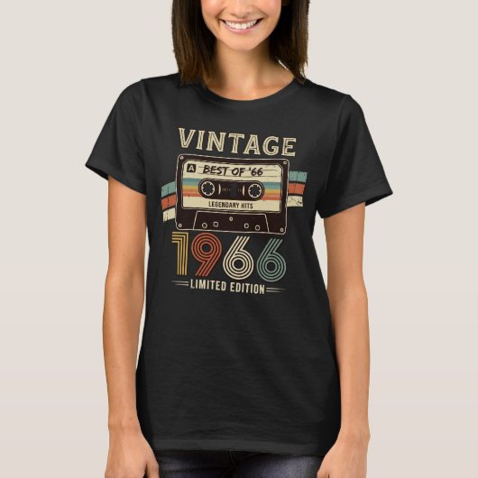 ヴィンテージ 1966 レトロ カセットテープ 日没 ストライプ Tシャツ (正面)