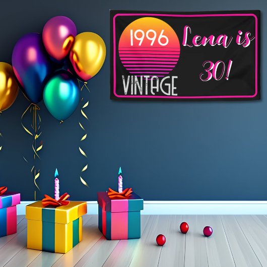 ヴィンテージ 1996 ネオン レトロ ストライプ サン 30歳の誕生日 横断幕