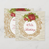 ヴィンテージ 45歳の誕生日 赤いバラのフレーム 音楽シート 招待状 (正面/裏面)