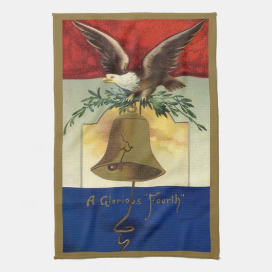 ヴィンテージ 4th of July イーグルとリバティベル キ キッチンタオル (縦)