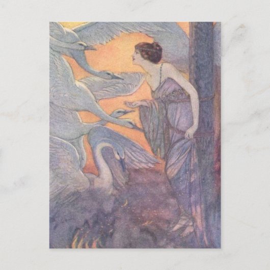 ヴィンテージ - 6羽のスワンを持つ女性 ポストカード (正面)