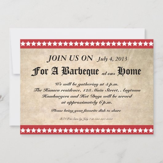 ヴィンテージ 7 月 4 日 バーベキュー 招待状 (正面)