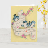 ヴィンテージ- Bluebirds Singingハッピーバースデー、 カード (黄色い花)