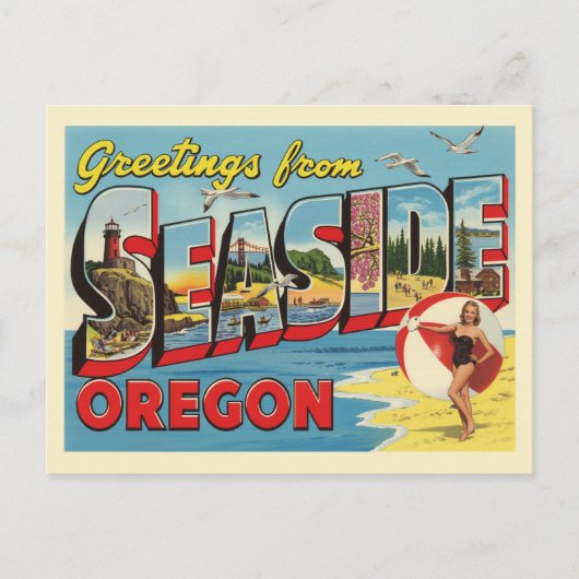 ヴィンテージ "Greetings from Seaside, Oregon" ポストカード (正面)