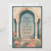 ヴィンテージ Lotus フラワー アーチ インド QR コード ウェディング 招待状 (正面)