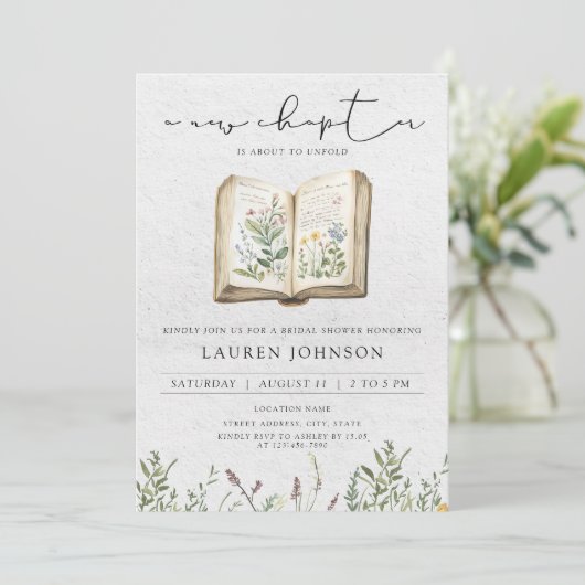 ヴィンテージA新しいチャプターワイルドフラワーズブライダルシャワー 招待状 (スタンド正面)
