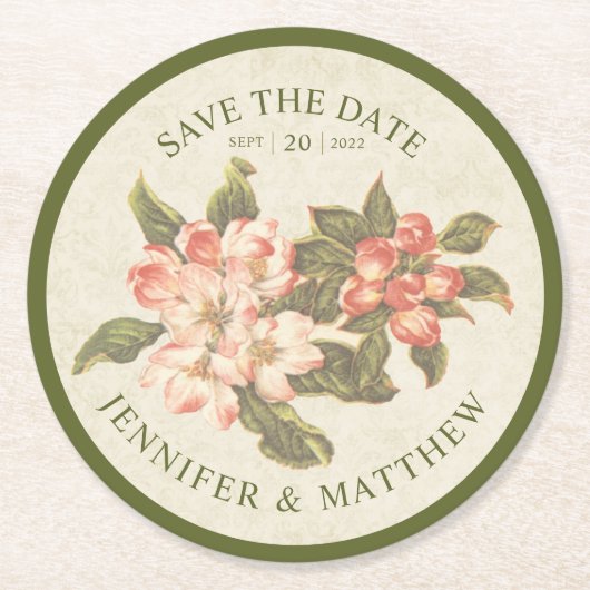 ヴィンテージApple Blossom Save the Date Coaster ラウンドペーパーコースター (正面)