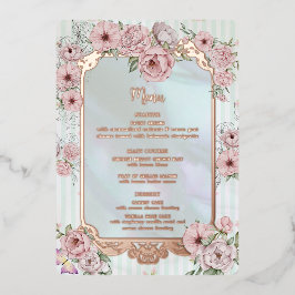 ヴィンテージAqua Peony結婚のフォイルメニューカード 箔招待状