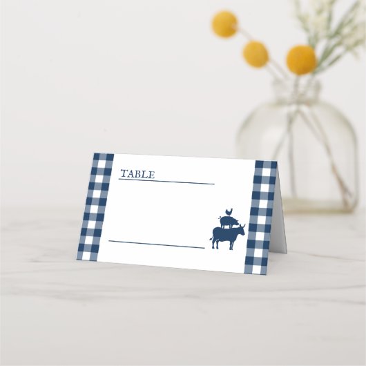 ヴィンテージBBQネイビーブルージンガム結婚ズ プレイスカード (正面)