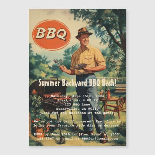 ヴィンテージBBQ喜び：クラシックBackyard Cookout Scen マグネット招待状 (正面)