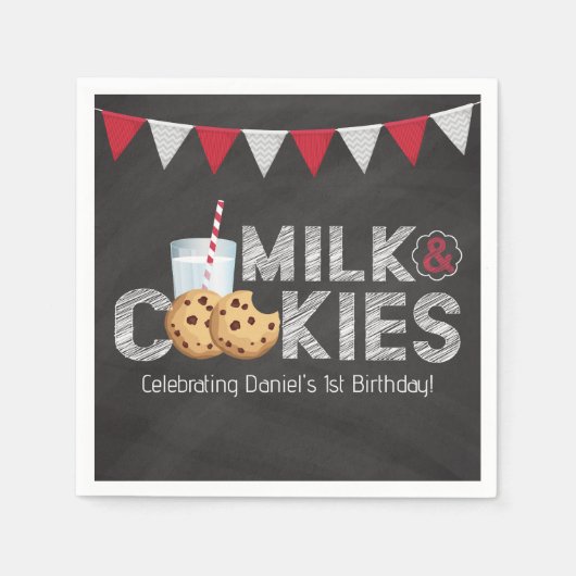 ヴィンテージBlackboardミルク&クッキー誕生日ナプキン スタンダードカクテルナプキン (正面)