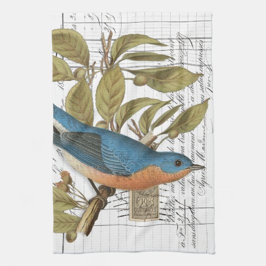 ヴィンテージBluebirdフランスのスクリプトキッチンハンドタオル キッチンタオル (縦)