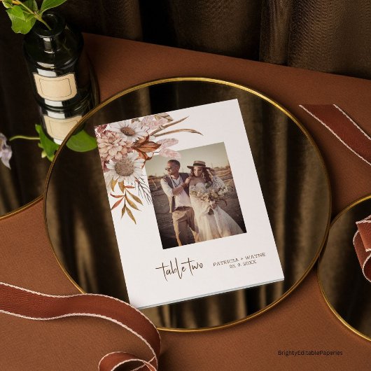 ヴィンテージBoho Autumn Photo結婚's Table Number サンキューカード