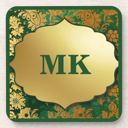 ヴィンテージBrocadeグリーンおよび金ゴールドリーフモノグラムの コースター (正面)