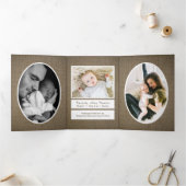 ヴィンテージBurlap、4フォトコラージュベビー誕生 三つ折り案内状 (内部)