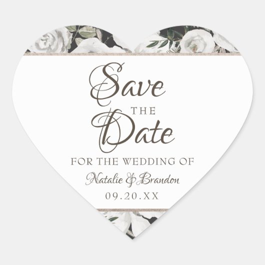 ヴィンテージCherish白いフローラとバラ日付を保存 ハートシール (正面)