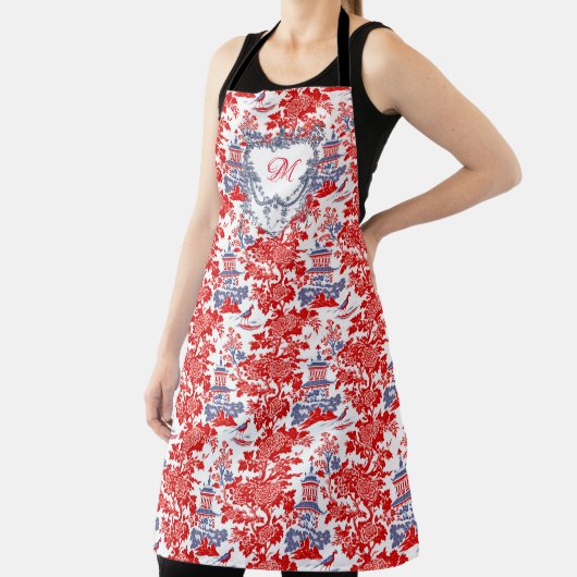 ヴィンテージChinoiserieデルフトレッドフランスのブルーモノグラム エプロン (インサイチュ)