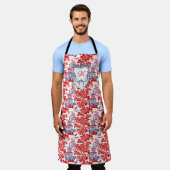 ヴィンテージChinoiserieデルフトレッドフランスのブルーモノグラム エプロン (着用した状態)