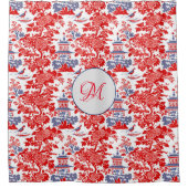 ヴィンテージChinoiserieデルフトレッドフランスのブルーモノグラム シャワーカーテン (正面)