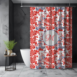 ヴィンテージChinoiserieデルフトレッドフランスのブルーモノグラム シャワーカーテン