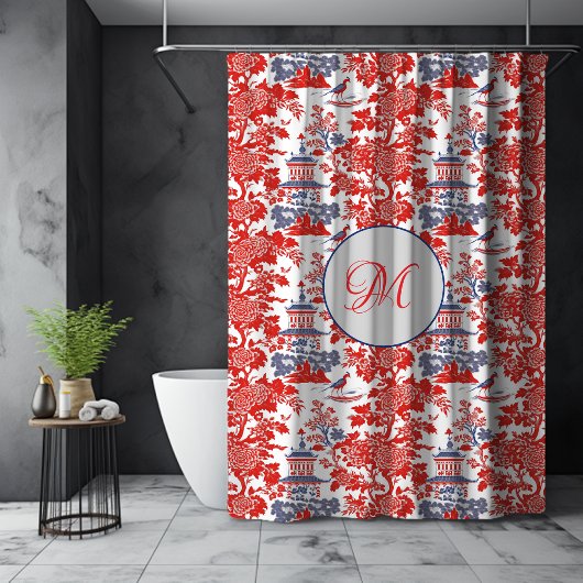 ヴィンテージChinoiserieデルフトレッドフランスのブルーモノグラム シャワーカーテン