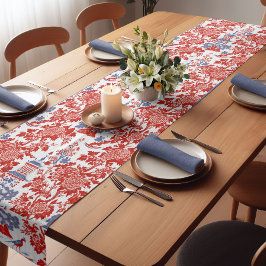 ヴィンテージChinoiserieデルフトレッドフランスのブルーモノグラム ショートテーブルランナー