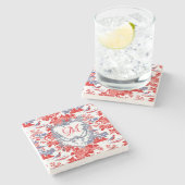 ヴィンテージChinoiserieデルフトレッドフランスのブルーモノグラム ストーンコースター (横)