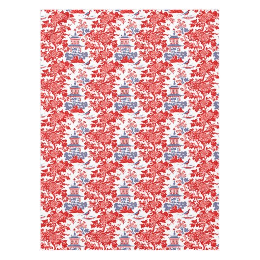 ヴィンテージChinoiserieデルフトレッドフランスのブルーモノグラム テーブルクロス (正面)