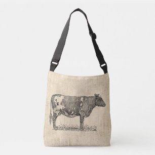 ヴィンテージCow Artイラストレーション(スクリプト背景付き) クロスボディバッグ