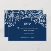 ヴィンテージDamask RSVP応答カードネイビーホワイト 出欠カード (正面/裏面)