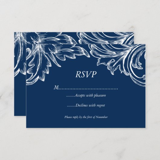 ヴィンテージDamask RSVP応答カードネイビーホワイト 出欠カード (正面/裏面)