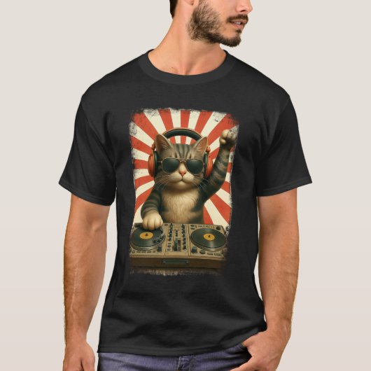 ヴィンテージDJ Cat Disco Sound Tech Headphone Electro Tシャツ (正面)